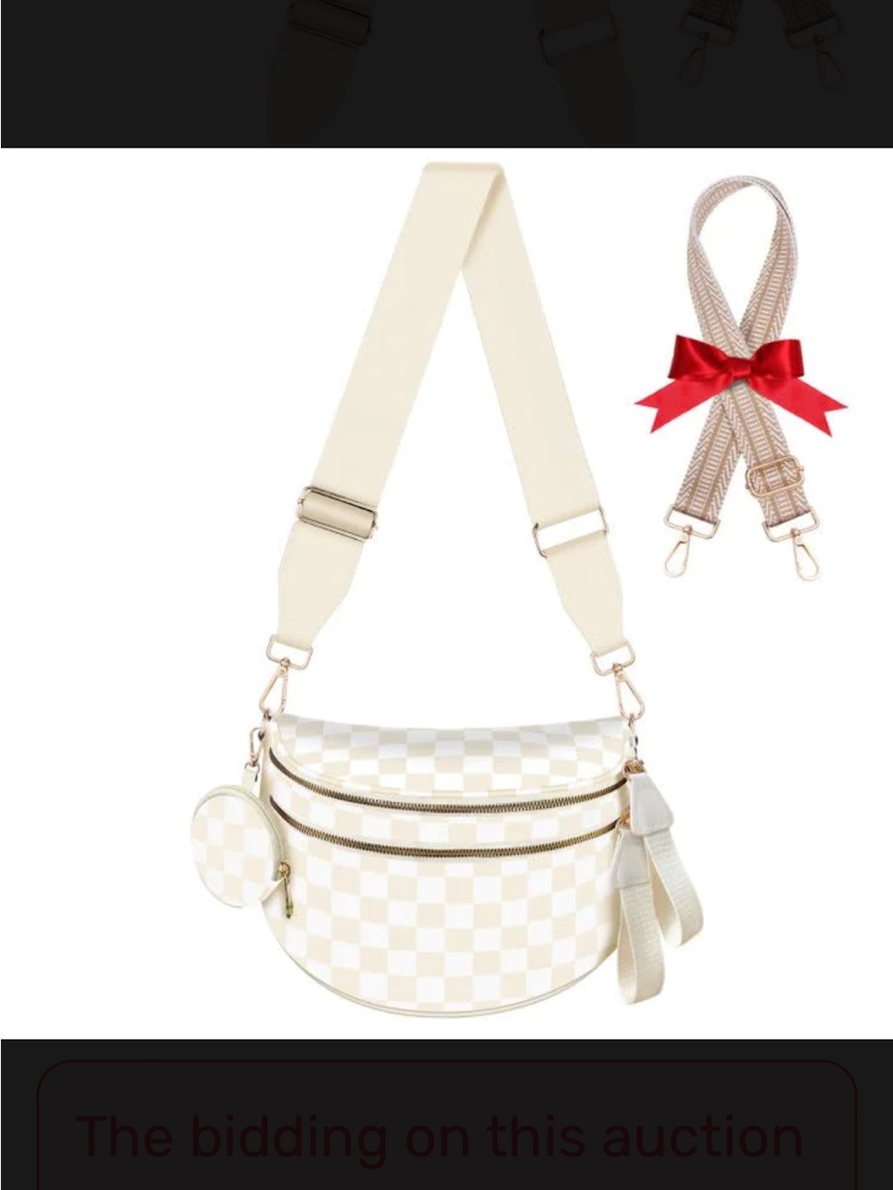 Cream Checkered Crossbody Bag with Removable Strap